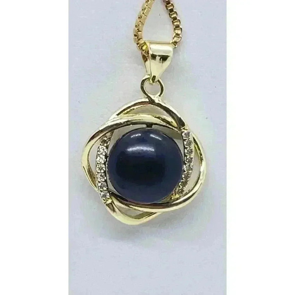 Vintage Jewelry - Large Black Pearl Necklace 18K Gold GP Genuine Pendant CZ Accent Box Chain